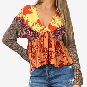 Free People Aloha State of Mind Top Size XS Patchwork Artsy Boho Festival Flowy